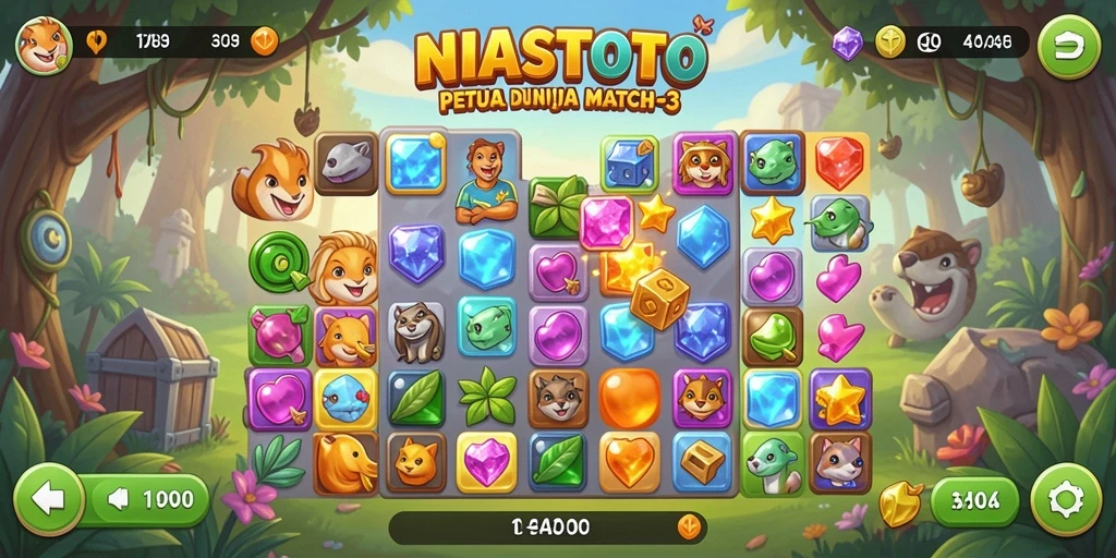 Tampilan gameplay seru NIASTOTO dalam Match-3 yang penuh warna.